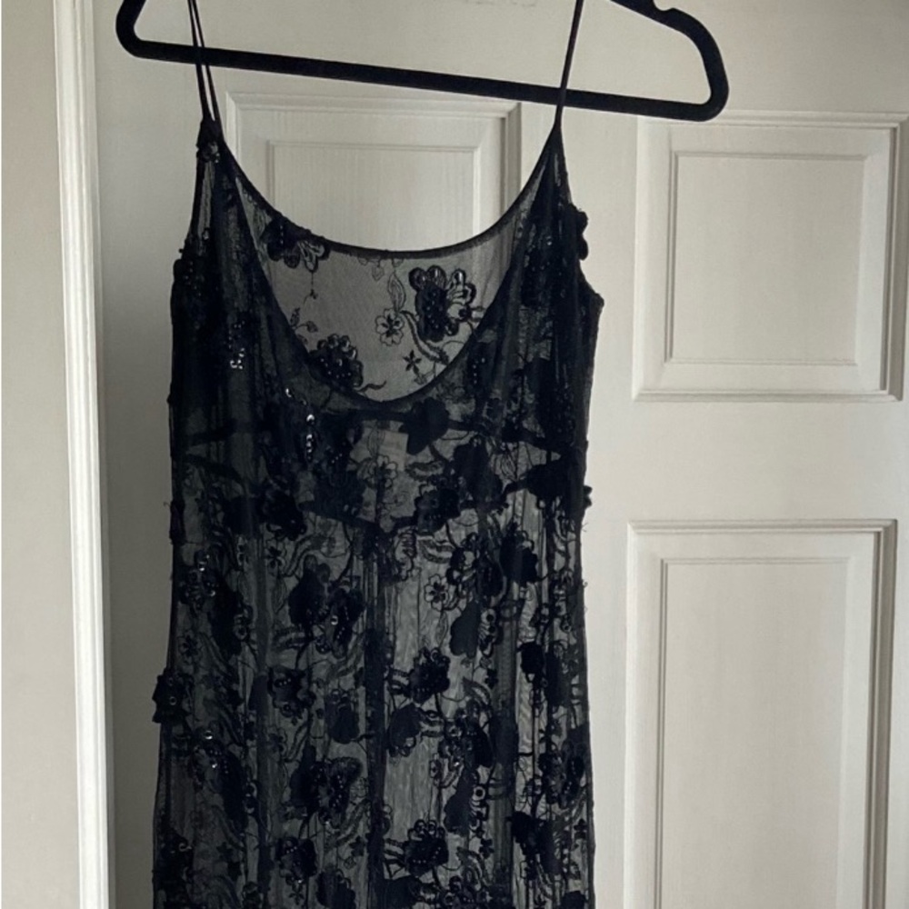 Vintage sheer lace embroidered black maxi dress by Gigi Clark